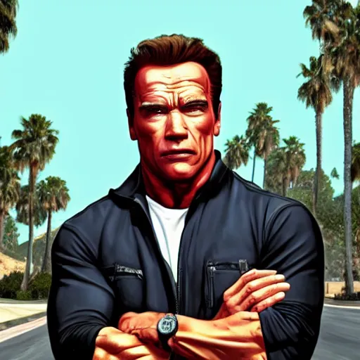 Image similar to Arnold Schwarzenegger in GTA V, cover art by Stephen Bliss, artstation, no text