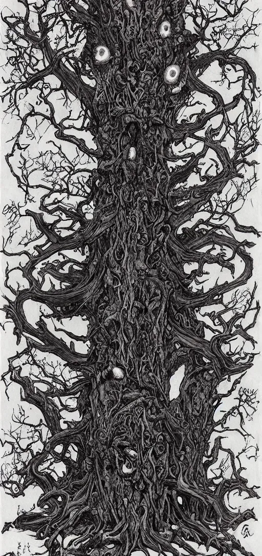 Prompt: a demonic tree with red eyes by rebecca guay, 8 k, drawing