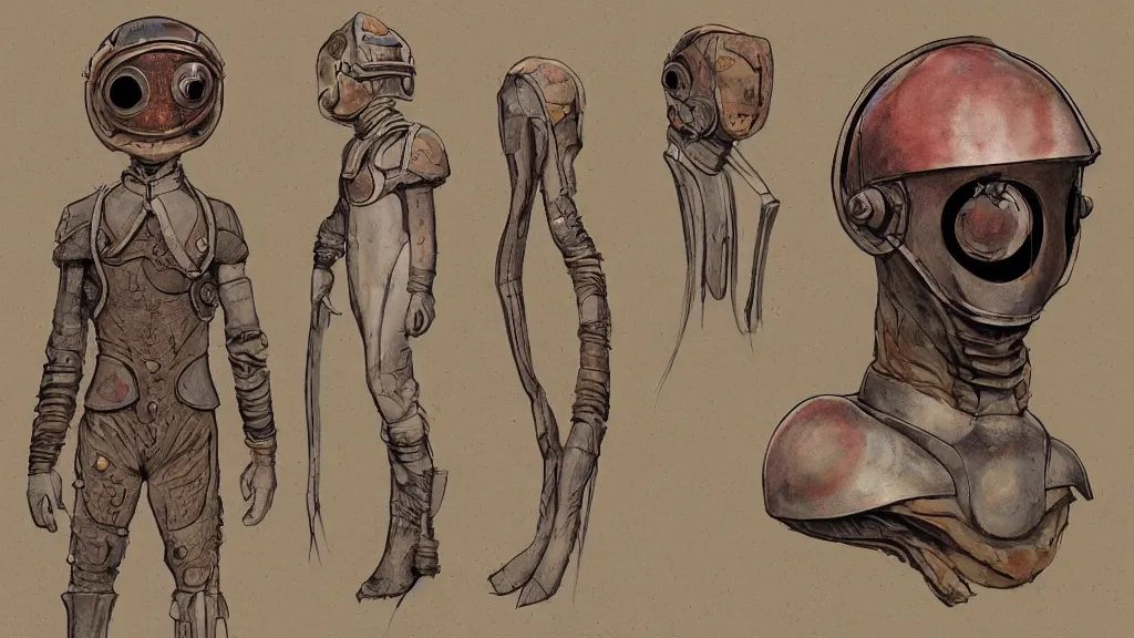 Image similar to aged paper, concept art, colorful character sheet for a male extraterrestrial warlord wearing victorian diving helmet, retrofuture, fantastic planet, moebius, valerian, coherent, illustration, digital art, trending on artstation, hd, 8 k, good lighting, beautiful, rough paper, masterpiece