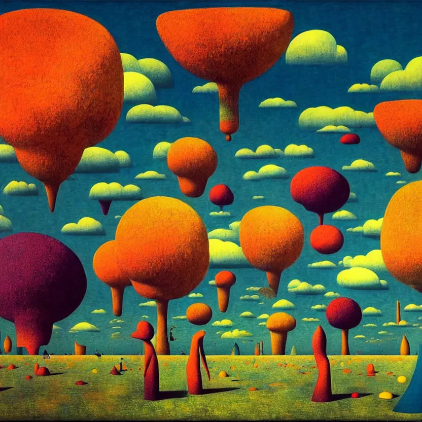 Prompt: surreal glimpse into other universe, zeppelin, island, summer morning, very coherent and colorful high contrast, art by! gediminas pranckevicius, rene magritte! paul klee geof darrow, volumetric lighting, cinematic, floralpunk screen printing woodblock, dark shadows, hard lighting, stipple brush