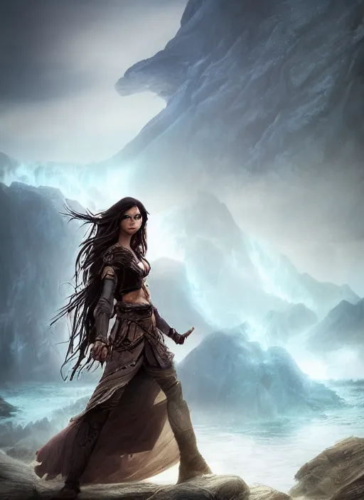 Image similar to An epic fantasy comic book style portrait painting of a warrior woman with a long brown hair wearing a cloak that waves in the wind as she holds onto a stave in front of an epic fantasy landscape, unreal 5, DAZ, hyperrealistic, octane render, cosplay, RPG portrait, dynamic lighting