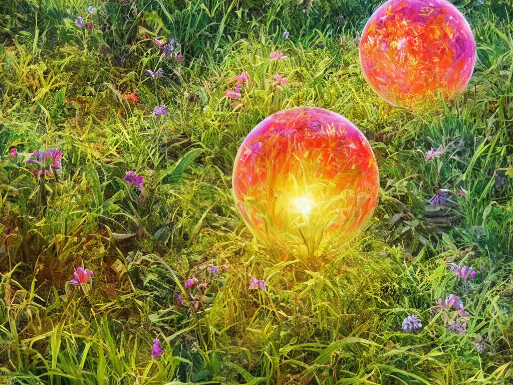 Image similar to sunlight study, kauai wildflower undergrowth within the orb, art nouveau, by maria sibylla merian and ( ( ( ( ( lisa frank ) ) ) ) ), 8 k, sharp focus, octane render