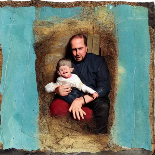 Prompt: mixed media collage of a father with child.