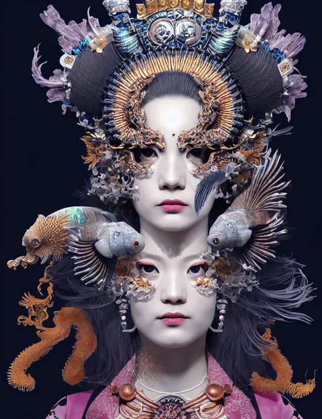 Image similar to 3 d goddess close - up profile portrait with crown, ram skull. beautiful intricately detailed punk japanese crow kitsune mask and clasical japanese kimono. betta fish, jellyfish phoenix, bio - luminescent, plasma, ice, water, wind, creature, artwork by tooth wu and wlop and beeple and greg rutkowski