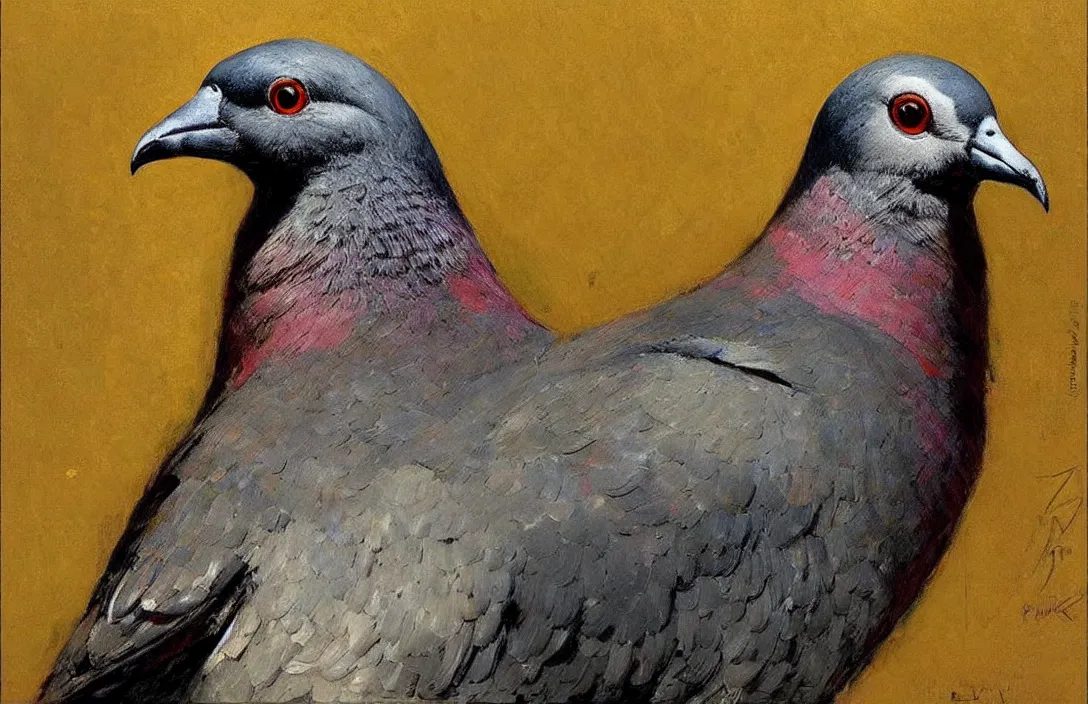 Prompt: portrait of a street pigeon!!!!!!!!!!!!!!!!!!!!!!!!!!!, detailed face, detailed painting, epic lighting, by ilya repin, phil hale and kent williams