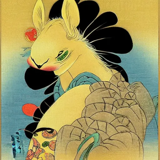 Prompt: A beautiful computer art of a creature that is neither man, nor beast. Ukiyo-e, pastel yellow by Karen Wallis fine