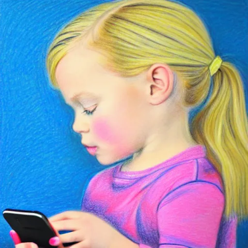 Image similar to 3 year old blonde girl with iphone, colored pencil on white background by eloise wilkin
