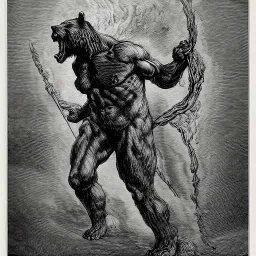 Image similar to full body grayscale drawing by Gustave Dore of muscled humanoid bear beast in heroic pose, swirling flames in background