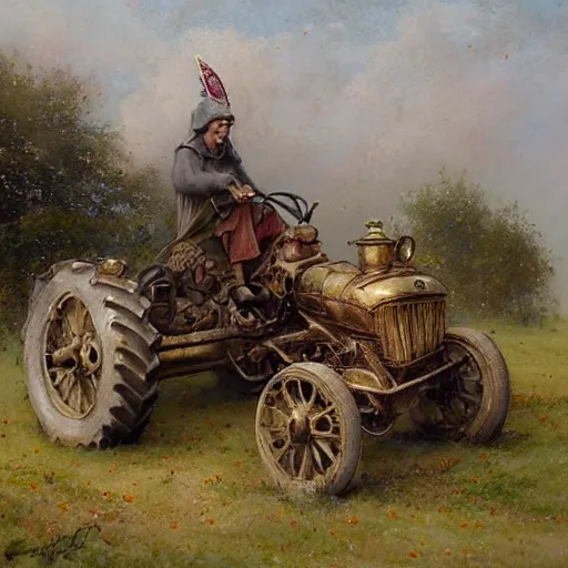 Image similar to ( ( ( ( ( the medieval king riding royal farm tractor, fully ornated with intricate gold and jewels. muted colors. ) ) ) ) ) high resolution, high quality, by jean - baptiste monge