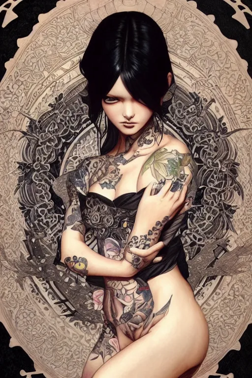 Image similar to goth yakuza girl tattoos, intricate, elegant, highly detailed, digital painting, artstation, concept art, smooth, sharp focus, illustration, art by artgerm and greg rutkowski and alphonse mucha and william-adolphe bouguereau