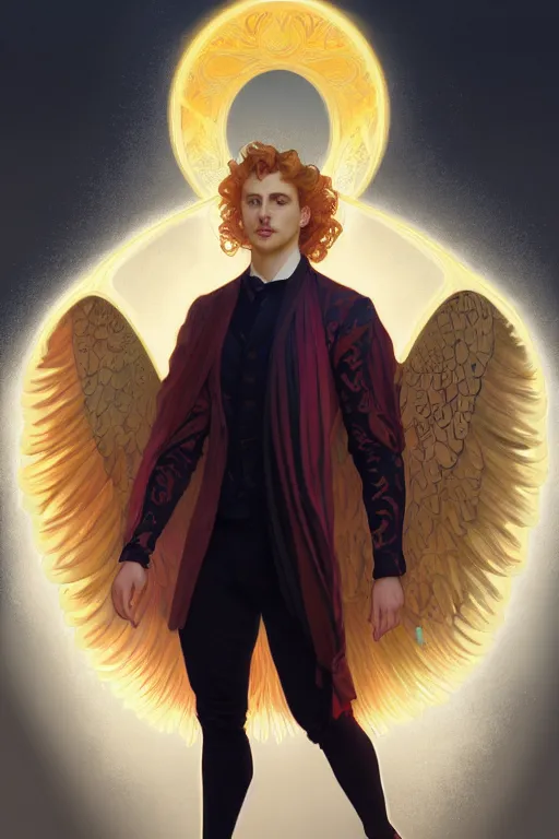 Prompt: symmetrical fullbody portrait of a beautiful young fit male angel with curly blond hairs, fulldressed in long fluent clothes, majestic big red bat wings, luminous fire halo, by greg rutkowski and alphonse mucha, gradient white to gold, in front of an iridescent background, highly detailed portrait, digital painting, artstation, concept art, smooth, sharp focus illustration