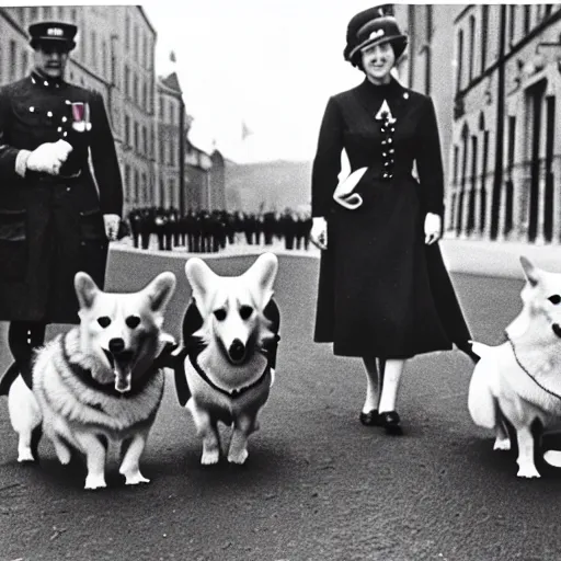Image similar to ultra wide historical photo of young queen elizabeth and her corgis conquering nazi germany, sharp focus, highly detailed