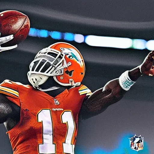 Image similar to portrait of tyreek hill, determined, great detail, looking to the sky, superbowl, miami dolphins
