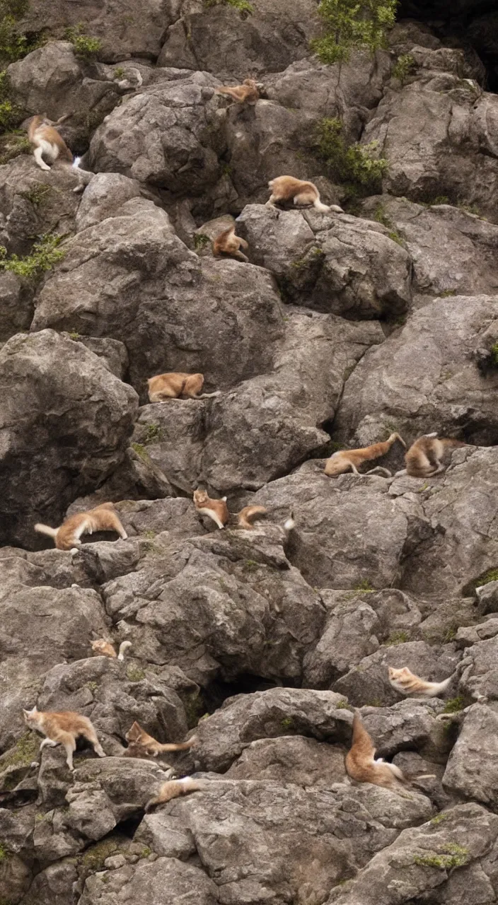 Prompt: fat cats tumbling off a mountain