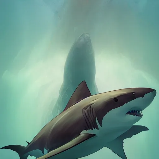 Image similar to great white shark, lower half traffic cone, full body, underwater background detailed atmospheric - ron cheng & alphonse mucha, highly detailed, digital painting, ray tracing, concept art, illustration, smooth sharp focus, intricate, symmetry, artstation,