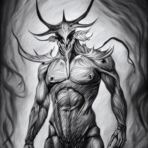 Image similar to full body grayscale drawing by Anato Finnstark of muscled horned humanoid beast, swirling flames