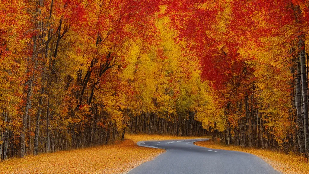 Prompt: a photograph of a country!! road lined on both sides by! maple and poplar trees, in the autumn, red orange and yellow leaves, some leaves have fallen and are under the trees and on the road