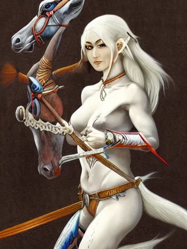 Image similar to painting of a white female elf warrior riding a horse, highly detailed painting, realistic, symmetrical, illustration, artstation, in the style of frank frazetta, ayami kojima