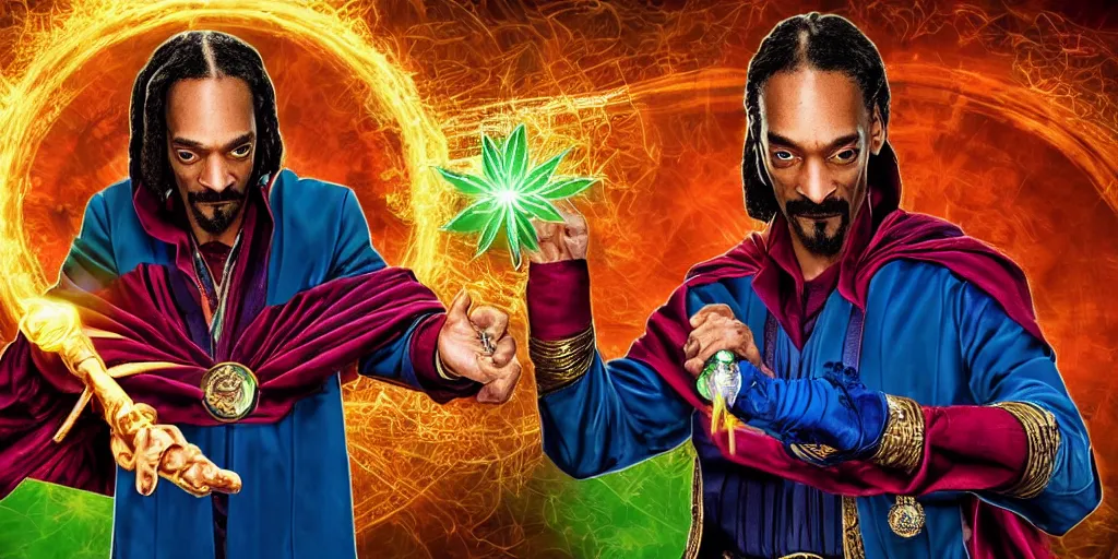 Image similar to snoop dogg as the doctor strange, marijuana leaves, marijuana, green light, highly detailed, marvel cinematic universe, mcu, photo