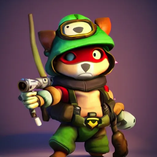 Prompt: teemo is the newest overwatch character, shooting a poison dart, poison mushrooms, octane render, blender render, unreal engine, standing pose, cinematic lighting, symmetrical