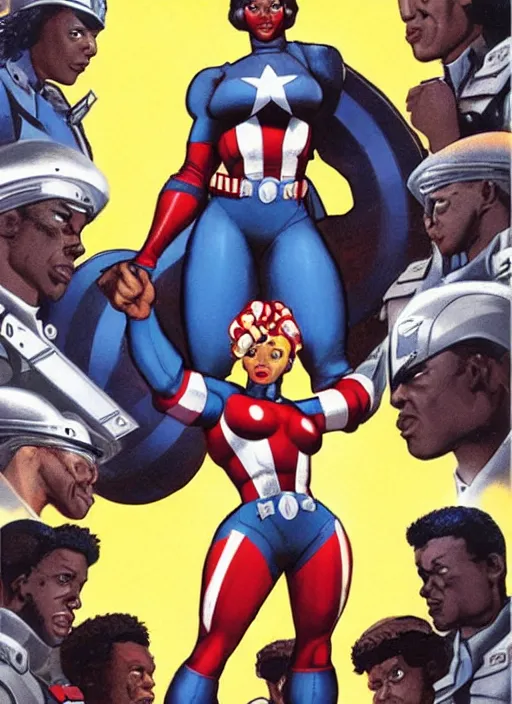 Image similar to beautiful black female captain america. afro - feminist captain america wins wwii. american wwii propaganda poster by james gurney, rob liefeld and pixar. gorgeous face. overwatch, realistic. black power