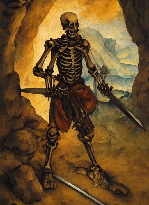 Image similar to skeleton warrior holding a sword in a cave lit by torches, oil painting by albrecht durer, trending on artstation