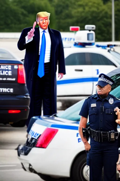 Image similar to donald trump being handcuffed by a police officer front of a police car, real life skin, intricate, high detailed, smooth, sharp focus