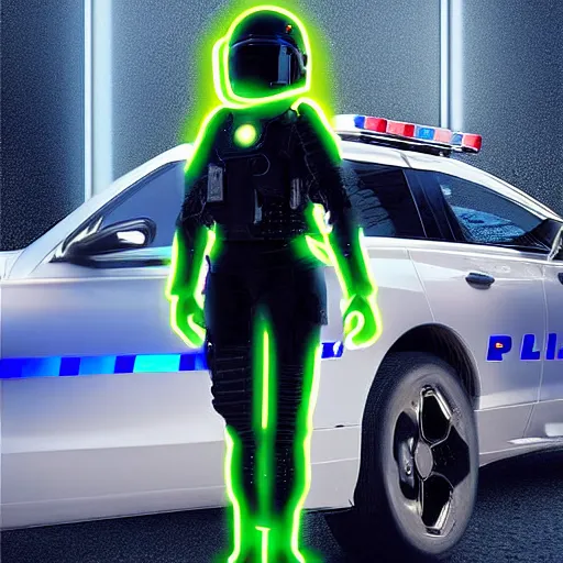 Image similar to “An android female police officer blonde hair in futuristic ballistic armor with neon LEDs in front of police car with sirens on, highly detailed digital art photorealistic”