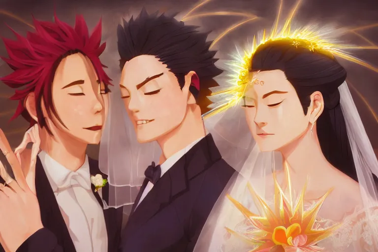 Image similar to a cinematic portrait of wedding photograph jpeg close up moment of a divine a japan sun god and moon goddess lovers magician at a wedding banquet. portraiture. digital painting. artstation. concept art. wedding photo. digital painting. naruto the movie art masterpiece by art by krenz cushart