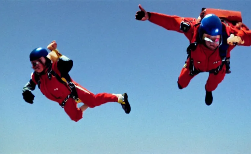 Prompt: color photo. closeup of a skydiver jumping. plane in the background 8 0'style