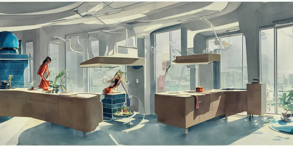 Image similar to a beautiful illustration of futuristic kitchen, lots of furniture, big medium small, sacred geometry, golden ratio, in watercolor gouache detailed paintings, in style of syd mead, trending on artstation, 8 k, panel, hard surface, wallpaper, zaha hadid, scattered props, plant, cozy, decoration, simon stalenhag, wes anderson