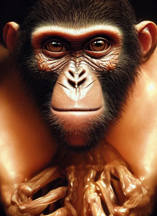 Image similar to portrait of a monkey with translucent skin, visible muscles and veins and arteries and bones and spines and nerves, beautiful detailed intricate insanely detailed octane render, 8 k artistic photography, photorealistic, chiaroscuro, by david cronenberg, raphael, caravaggio