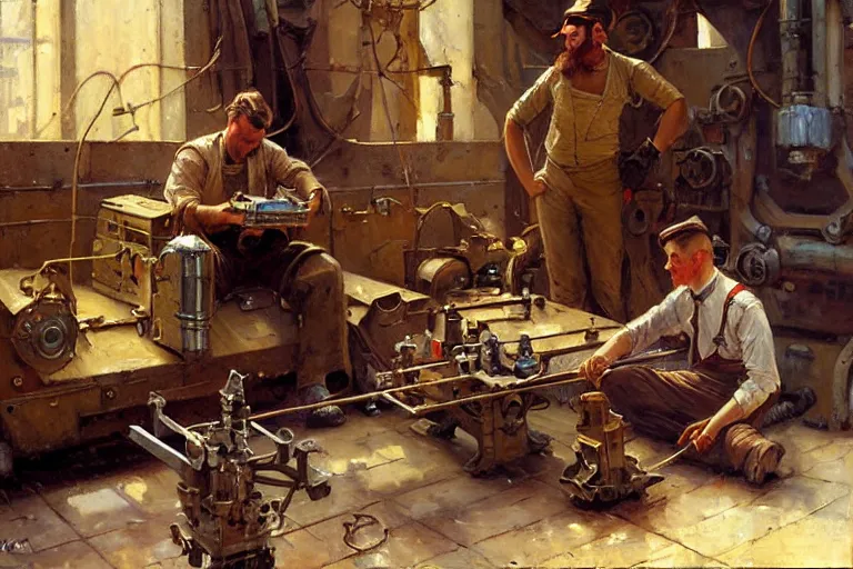 Prompt: male repairing machine, dieselpunk, painting by gaston bussiere, craig mullins, j. c. leyendecker