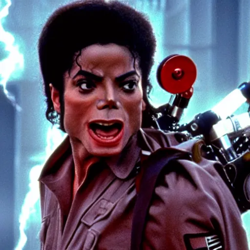 Image similar to stunning awe inspiring michael jackson with a highly detailed face as a ghostbuster in the movie ghostbusters, movie still 8 k hdr atmospheric lighting