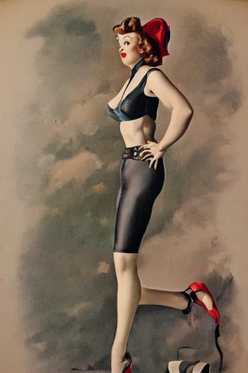 Image similar to a portrait of a one full body pin up post war, dressing a military unioform, garden backgound Gil Elvgren style