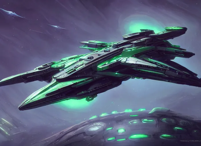 Prompt: A Gallente battlecruiser spaceship made of green reflective metal from Eve-online, gorgeous, beautiful, sci-fi, extremely detailed, digital painting, artstation, concept art, smooth, sharp focus, illustration, intimidating lighting, incredible art by artgerm and greg rutkowski and alphonse mucha and simon stalenhag