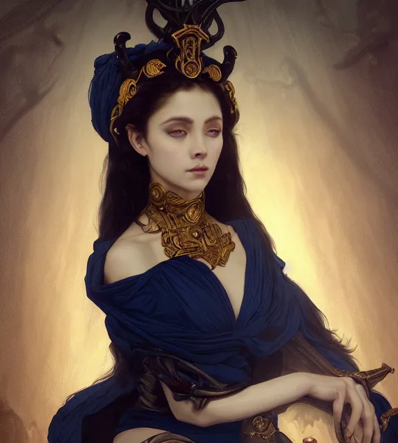 Prompt: portrait of a god of death, young male, in the underworld, elegant dark blue dress, very detailed, throne, very intricate details, jewelry, gold eyeshadow, elaborate long black hairstyle, wings, cinematic, artstation, william bouguereau, alphonse mucha, greg rutkowski, rossdraws, octane render