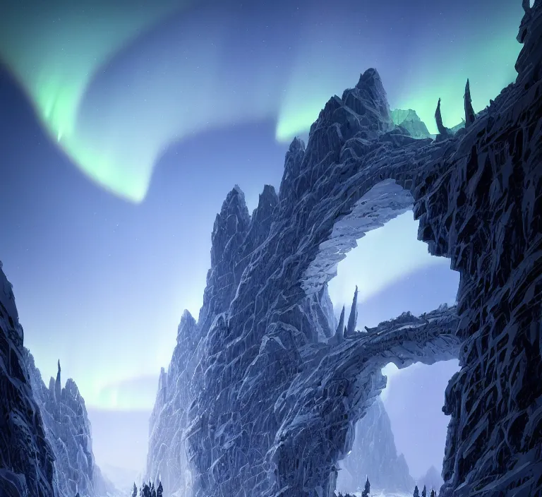 Prompt: a very detailed concept art of intricate and well designed white gates to epic mountains, infused with aurora borealis by greg rutkowski, dynamic lighting trending on artstation, symmetry, digital art, 4 k, hyper realistic, octane render, sharp focus