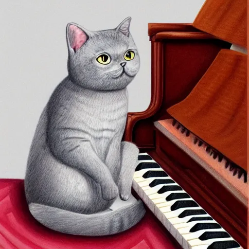 Image similar to anthropomorphic grey british shorthair cat sitting up playing the piano with swirling musical notes in the background detailed colored pencil drawing 4 k