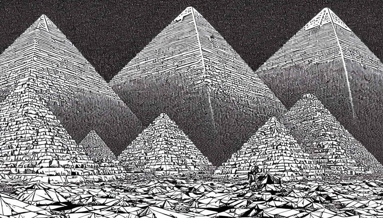 Image similar to pyramids of giza by woodblock print, nicolas delort, moebius, victo ngai, josan gonzalez, kilian eng