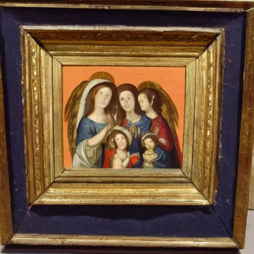 Image similar to 1 7 th century painting of 3 mary's, and 2 angels in the background