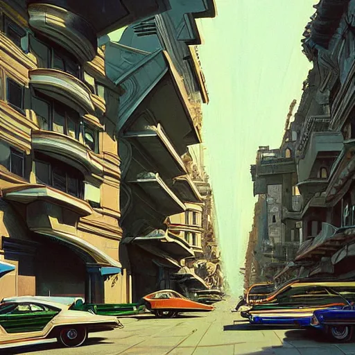 Prompt: detailed painting of a alien street with roman architecture and flying cars, artstation, syd mead, cinematic