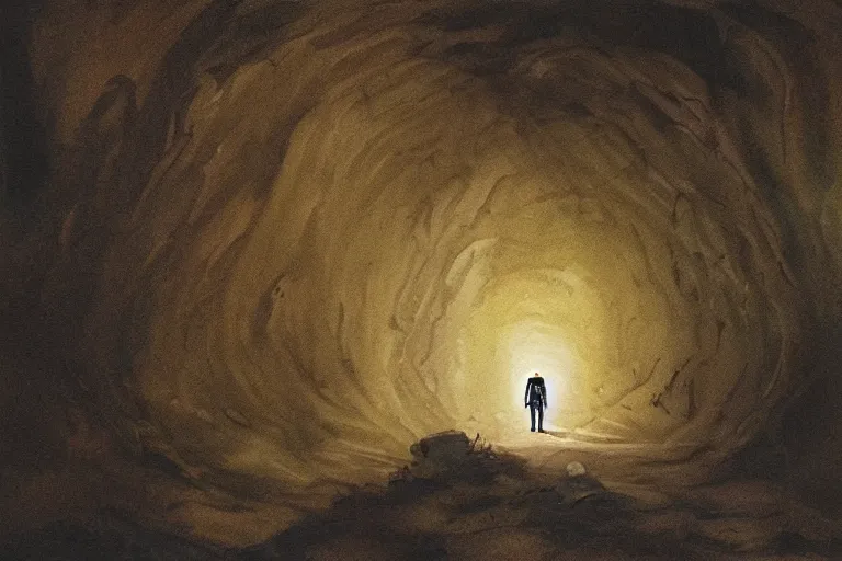 Prompt: A beautiful painting of a lone man with weak flashlight in huge dark underground cave