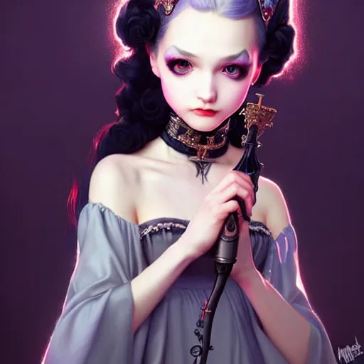 Prompt: beautiful goth princess, very cute features, brilliant glittering hair, universal volumetric lighting, soft glow, russian slasher film painting by range murata, norman rockwell, artgem, wes anderson, highly detailed intricately sharp focus, trending on pinterest, unreal engine 5 4 k uhd image