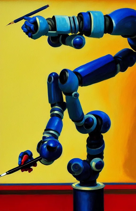 Prompt: beautiful illustration of a robotic arm painting with a paintbrush on a canvas by Edward Hopper, clean lines, very detailed, colorful octane render