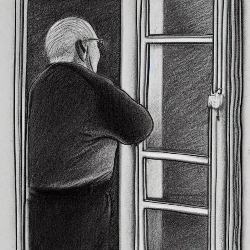 Image similar to pencil drawing of an old man in a nursing home looking out the window and remembering his youth, artistic illustration, stylized, detailed