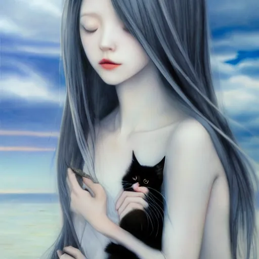 Image similar to young vampire and her black cat Portrait by Miho Hirano, full body ,manga, realistic, detailed, white, light pink tonalities, beautiful collage technique including clouds, sea, wind, ornate sea background, beautiful Fantasy detailed trending on artstation, oil painting,Dramatic lighting, eterea , high quality print, fine art with subtle redshift rendering