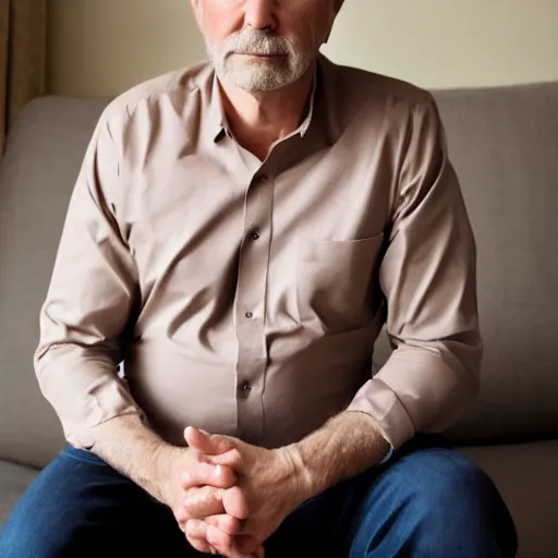 Image similar to full body photo of steve, mature male, mysterious face. he is sitting gracefully on a sofa, elegant slim beige shirt, tight shirt, bear belly