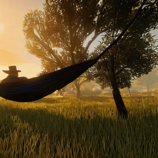 Prompt: Dutch from Red Dead Redemption 2 sleeping in a hammock, a field of mango trees in the background