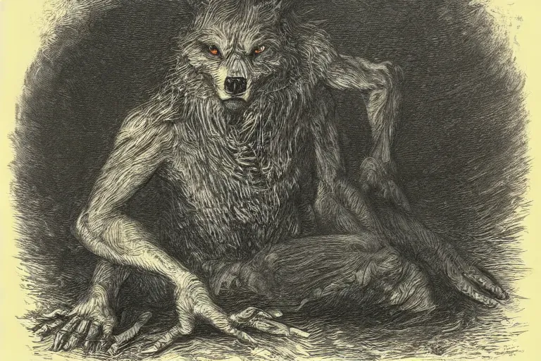 Prompt: werewolf portrait, Gustave Dore lithography